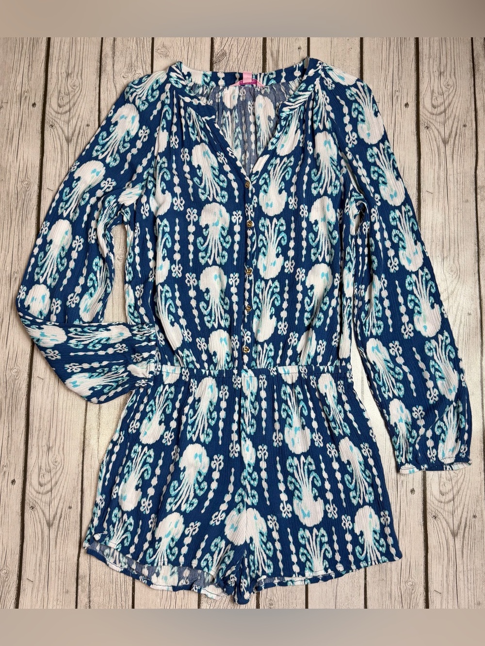 Lilly Pulitzer Women's S Elsa Long Sleeve Romper Blue Get In Line Jellyfish